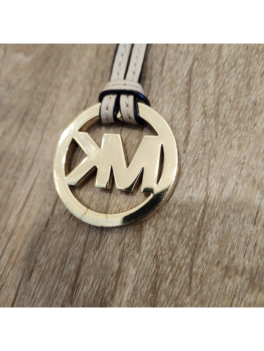 Michael Kors Gold MK Logo Bag Charm Fob Purse Hang Tag Circle Leather Strap